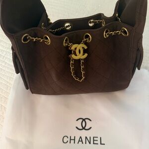 Dark Brown Quilted Shoulder Bag with Gold Chain